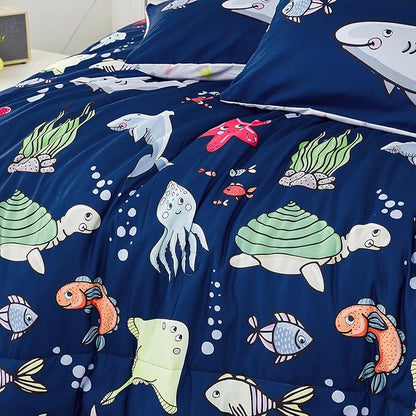 RYNGHIPY Kids Bedding Set for Full Bed Reversible Ocean Animals Print Comforter Set for Boys Girls Easy-Wash Super Soft Microfiber Bed Set (Navy Ocean,Full)