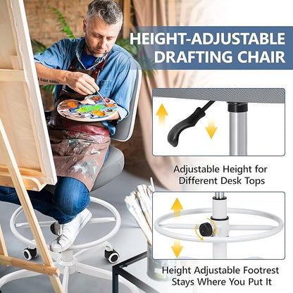 Primy Office Drafting Chair Armless, Tall Office Desk Chair Adjustable Height and Footring, Mid-back Ergonomic Standing Desk Chair Mesh Rolling Tall Chair for Art Room, Office or Home(Gray)