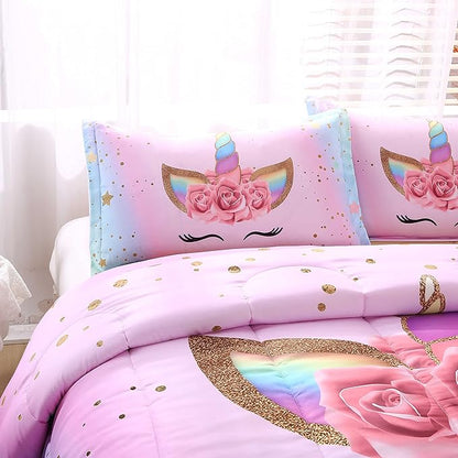 Unicorn Comforter Set Rainbow Soft Girls Unicorn Bedding with 1 Comforter 2 Pillowcases Pink Flower Unicorn Bedding Sets for Girls Twin Size