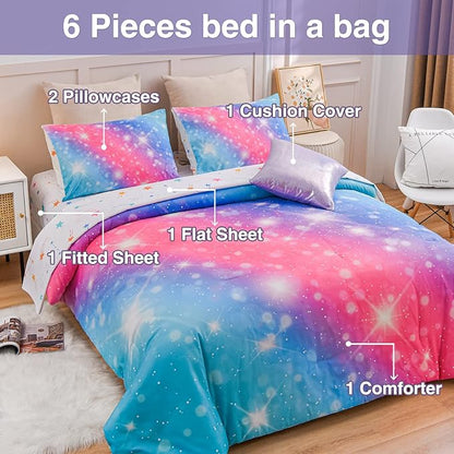 A Nice Night 6Pcs Gradient Glitter Bedding Set for Girls, Colorful Rainbow Galaxy Comforter Set, Ultra Soft Bedding Sets (Pink-Blue,Full 6Pcs)