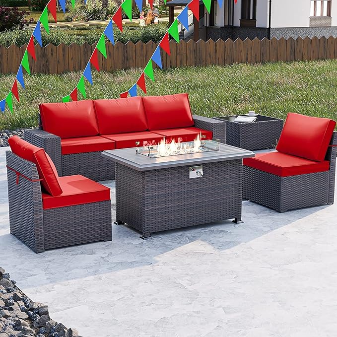 Kullavik 7 Pieces Outdoor Patio Furniture Set with 43" 55000BTU Gas Propane Fire Pit Table PE Wicker Rattan Sectional Sofa Patio Conversation Sets,Dark Red