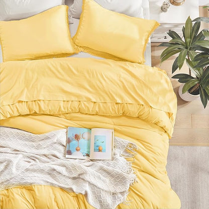 Andency Yellow Tassel Comforter Set Queen(90x90Inch), 3 Pieces(1 boho Comforter, 2 Pillowcases) Farmhouse Shabby Chic Comforter Set, Soft Microfiber Lightweight Fringe Bedding Comforter Set