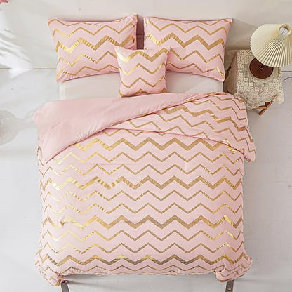 Pink Comforter Set Queen Size, Metallic Blush and Rose Gold Bedding Set, 4 Piece Lightweight Microfiber Bed Set for Teen Girls Women (2 Pillow Shams + 1 Decorative Pillow Sham)