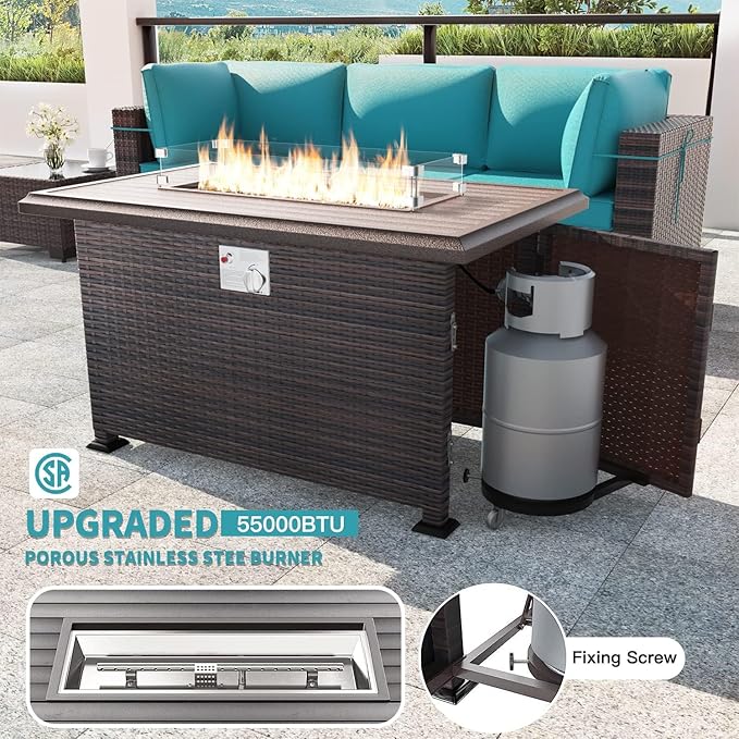 Kullavik 13PCS Outdoor Patio Furniture Set with 43" 55000BTU Gas Propane Fire Pit Table PE Wicker Rattan Sectional Sofa Patio Conversation Sets,Blue