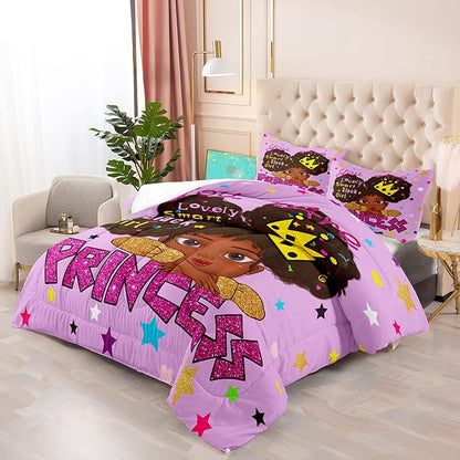 African Black Girl Full Size Comforter Sets for Girls, Black Girl Teen Girl Comforter Set Full Size, Purple Princess Full Size Bedding Set, Full (1 Comforter 2 Pillowcases)