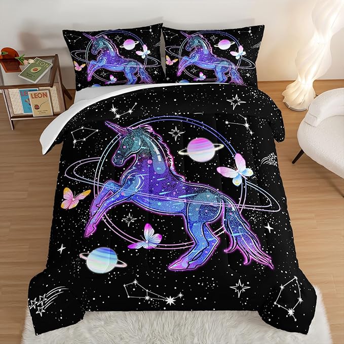 HOSIMA Unicorn Bedding Sets for Girls Kids,Butterfly Star Empty Galaxy Comforter,Unicorn Bedroom Decor for Girls Boys,Soft Microfiber Black Queen Comforter Set,Butterfly Crib Bedding Set.