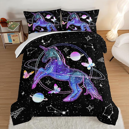 HOSIMA Unicorn Bedding Sets for Girls Kids,Butterfly Star Empty Galaxy Comforter,Unicorn Bedroom Decor for Girls Boys,Soft Black Comforter Full Size Bed in a Bag Set,Butterfly Crib Bedding Set.
