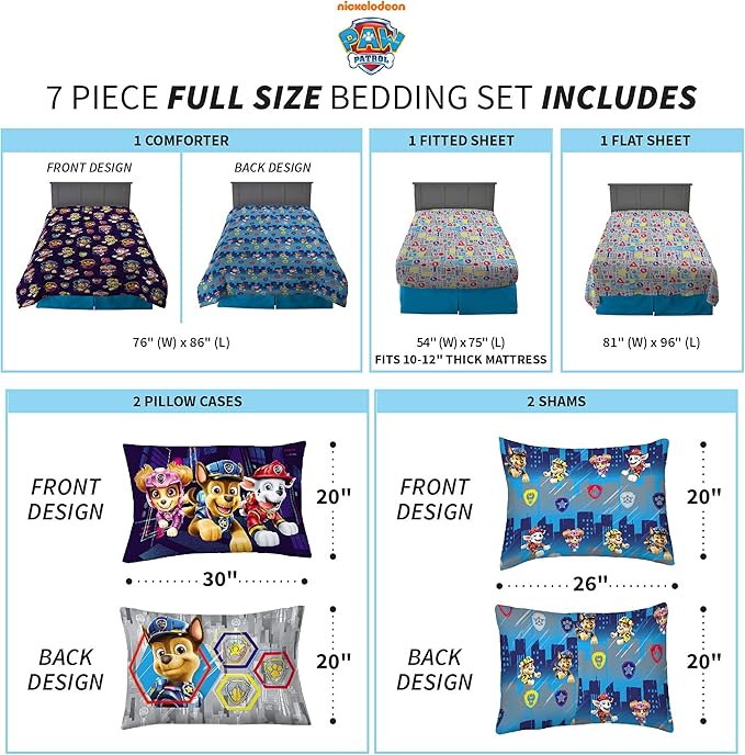 Franco Kids Bedding Super Soft Comforter and Sheet Set with Sham, 7 Piece Full Size, Paw Patrol Movie