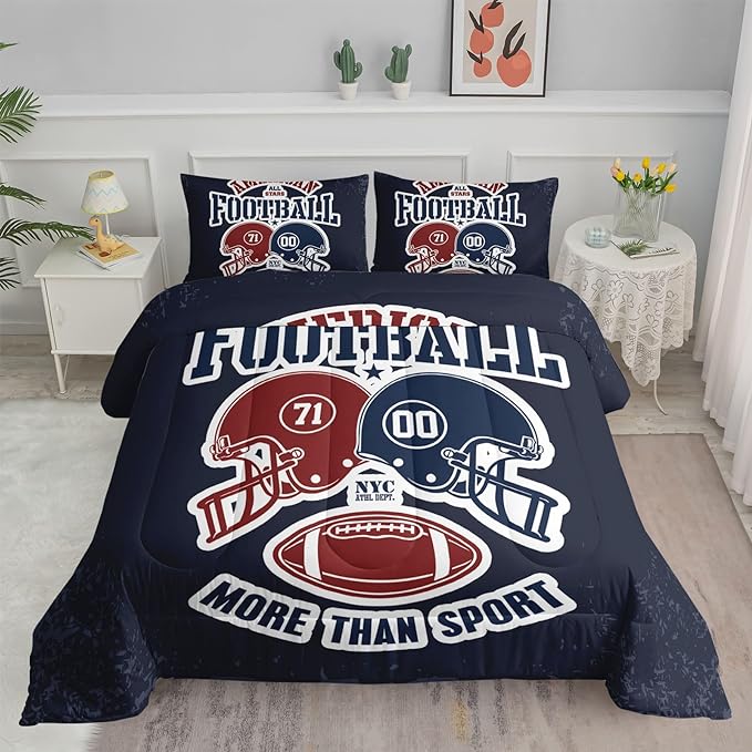 Datura home American Football Comforter Set Vintage Navy American Football Printed Quilt Bedding Set with 1 Comforter and 2 Pillowcases for Boys and Girls Bedroom All Season(Football Navy Full)