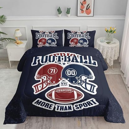Datura home American Football Comforter Set Vintage Navy American Football Printed Quilt Bedding Set with 1 Comforter and 2 Pillowcases for Boys and Girls Bedroom All Season(Football Navy Queen)