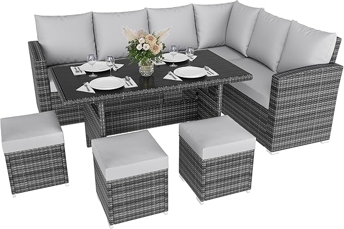 IDEALHOUSE 7 Pieces Outdoor Dining Set,Patio Sectional Sofa Conversation Set All Weather Wicker Rattan Couch Dining Table & Chair with Ottoman Grey