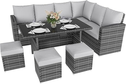 IDEALHOUSE 7 Pieces Outdoor Dining Set,Patio Sectional Sofa Conversation Set All Weather Wicker Rattan Couch Dining Table & Chair with Ottoman Grey