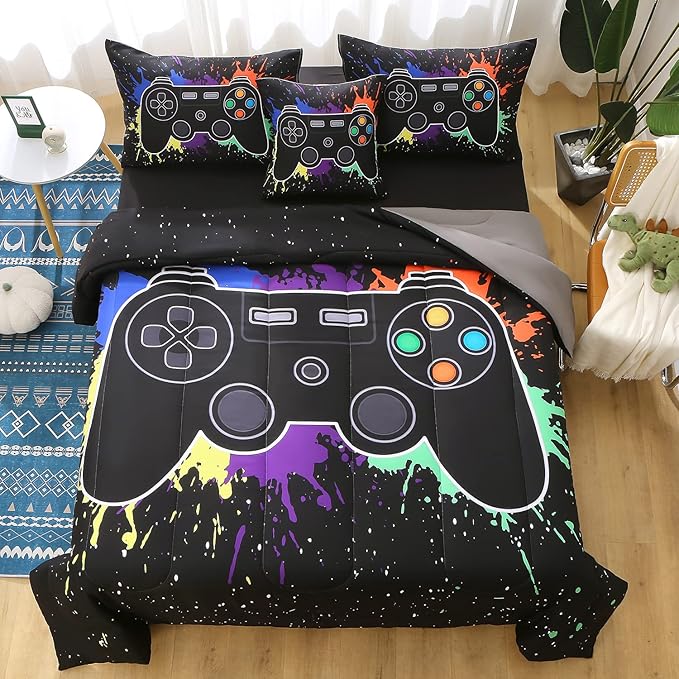 JQinHome Queen Gamer Comforter Sets for Boys&Girls,6 Piece Bed in A Bag 3D Video Game Bedding -All Season Microfiber Gamer Bedding Sets for Kids, with Pillowcase, Flat & Fitted Sheet,Cushion Cover