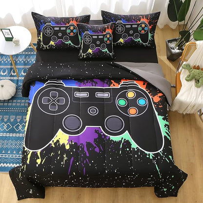 JQinHome Full Gamer Comforter Sets for Boys, 6 Piece Bed in A Bag 3D Video Game Bedding -All Season Soft Microfiber Gamer Bedding Sets, with Pillowcases, Flat Sheet, Fitted Sheet, Cushion Cover