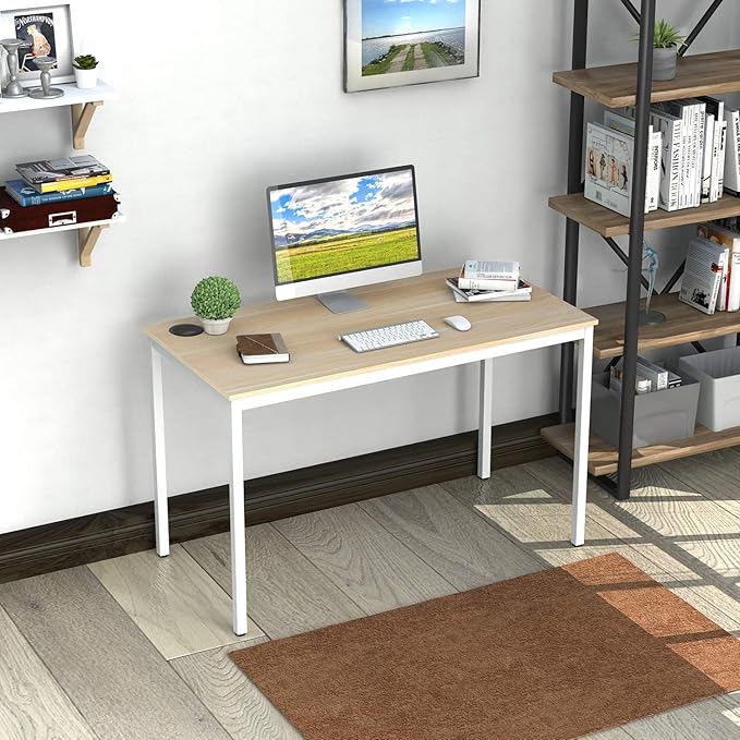 It's_Organized Computer Desk 47 Inch Home Office Study Writing Desk,Modern Simple Laptop Computer Table, Easy Assembly, Industrial Style, White Metal Frame,Wood Grain