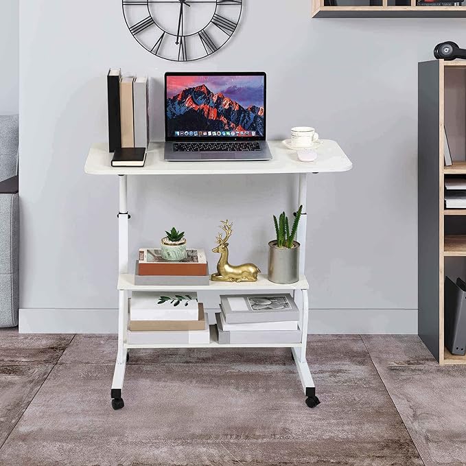 Adjustable White Home Office Desk with Storage and Detachable Wheels - 15.7 x 31.5 Inch