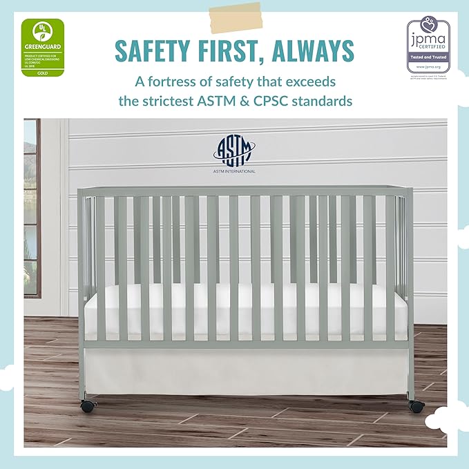 Quinn Full-Size Folding Crib in Cool Grey, Removeable Wheels, Modern Nursey, Adjustable Mattress Support, Portable Crib, Patented Folding System
