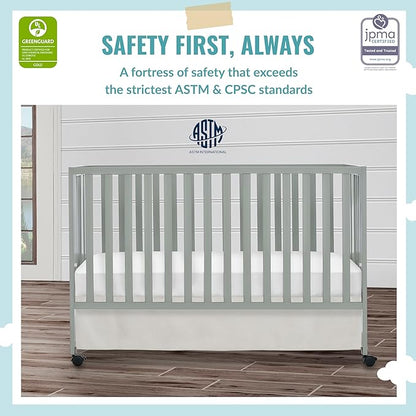 Quinn Full-Size Folding Crib in Cool Grey, Removeable Wheels, Modern Nursey, Adjustable Mattress Support, Portable Crib, Patented Folding System