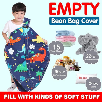 Lukeight Stuffed Animal Storage Bean Bag Chair Cover for Kids, Dinosaur Zipper Beanbag Chair Cover for Organizing Toddler & Kids' Rooms Plush Toys (Dinosaur, X-Large)