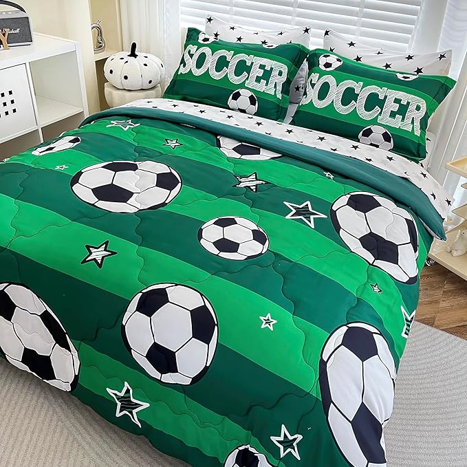 7 Piece Boys Soccer Comforter Set Full Size Bed in A Bag 3D Football Playground Sports Bedding Set for Kids Microfiber Comforter All Season Green