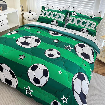 7 Piece Boys Soccer Comforter Set Full Size Bed in A Bag 3D Football Playground Sports Bedding Set for Kids Microfiber Comforter All Season Green