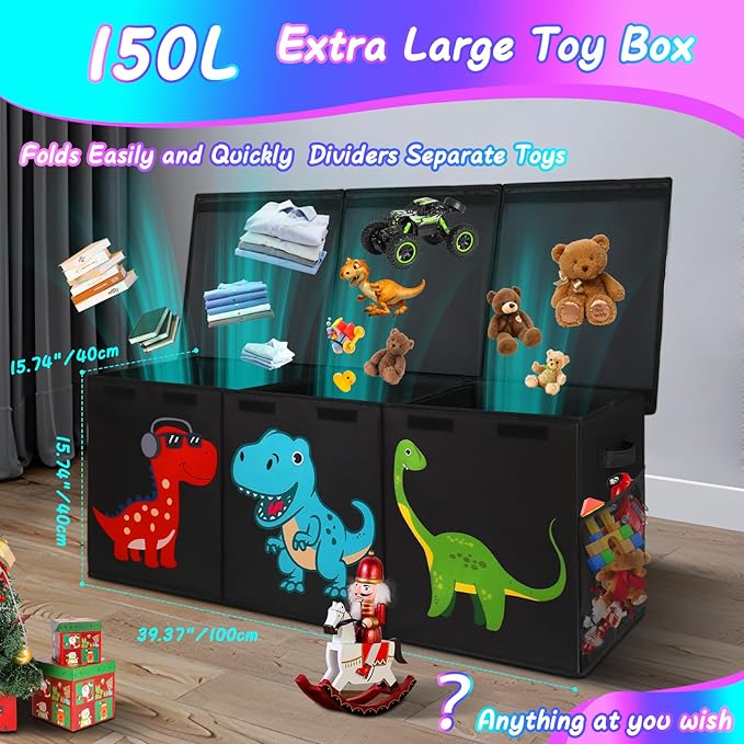 Extra Large Toy Box, Collapsible Sturdy Toy Storage Organizer with Lids, Dinosaur Toy Box for Boys Girls, 41"x14"x16" Kids Toy Chest Bin Box Baskets for Living Room, Playroom, Bedroom, Nursery, Black