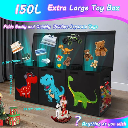 Extra Large Toy Box, Collapsible Sturdy Toy Storage Organizer with Lids, Dinosaur Toy Box for Boys Girls, 41"x14"x16" Kids Toy Chest Bin Box Baskets for Living Room, Playroom, Bedroom, Nursery, Black