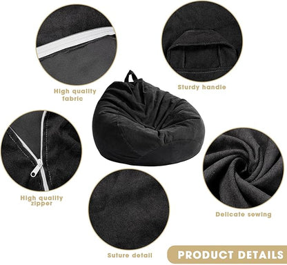 2 Pcs Bean Bag Cover Stuffed Animal Storage Bean Bag Chair Cover Soft Corduroy Stuffed Animal Bean Bag Storage for Kids Adults Indoor Bedroom Organizing Plush Toys(Black, 200L)
