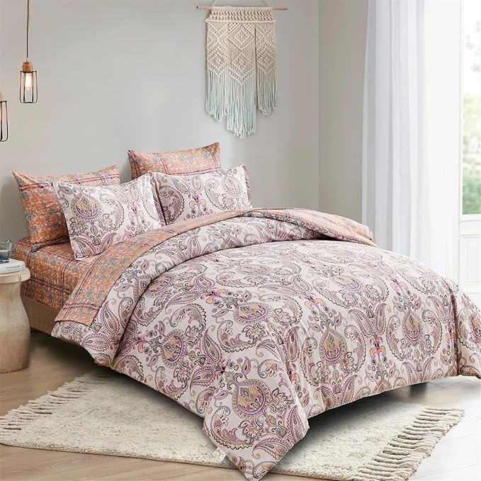 Yiran 7 Pieces Paisley Comforter Set Bed in a Bag Boho Floral Comforter Soft Microfiber Paisley Bedding Set Queen Size 90"×90"(1 Comforter,2 Pillowcases,2 Pillow Shams,1 Flat Sheet,1 Fitted Sheet)