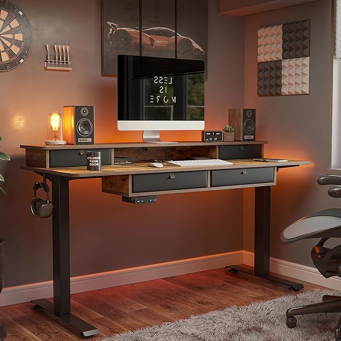 BANTI Height Adjustable Electric Standing Desk with 4 Drawers, 55 x 24 Inch Table with Storage Shelf, Sit Stand Desk, Rustic Brown Top