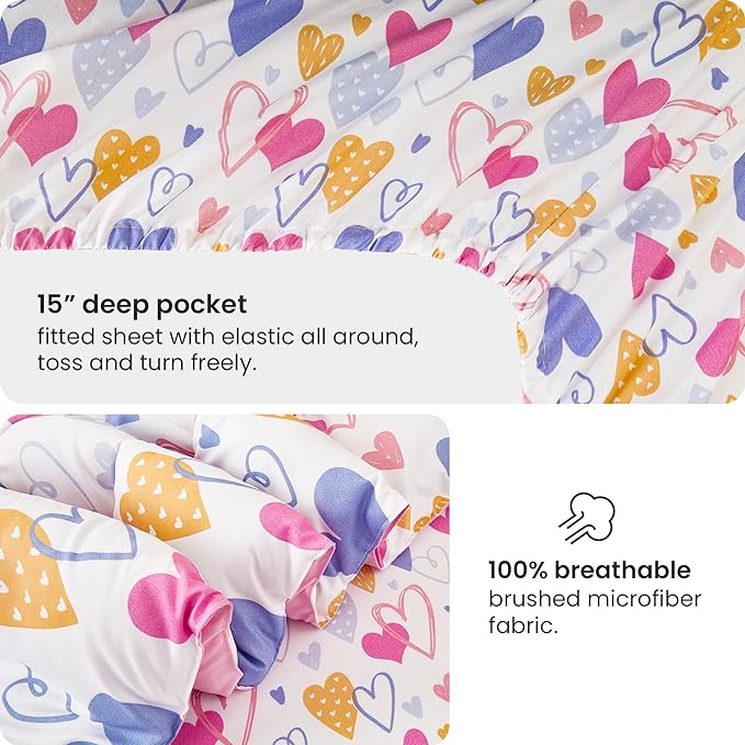 Mooreeke Full Size Comforter Sets for Girls Kids, 8 Pieces Bed in a Bag Pink Heart Bedding Comforter Sheet Set with Shams and Decorative Toy Pillow, Ultral Soft Microfiber Kids Bed Set