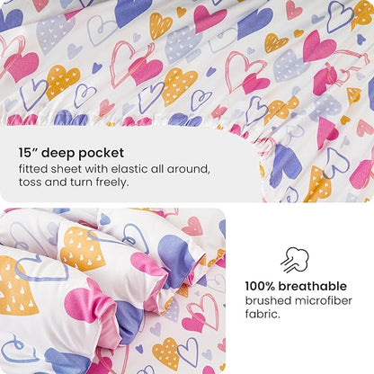 Mooreeke Full Size Comforter Sets for Girls Kids, 8 Pieces Bed in a Bag Pink Heart Bedding Comforter Sheet Set with Shams and Decorative Toy Pillow, Ultral Soft Microfiber Kids Bed Set