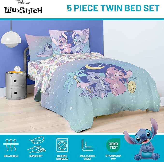 Disney Lilo and Stitch Twin Size Comforter Set - 5 Piece Floral Bedding includes Sheet Set & Pillow Covers Features Angel - Super Soft Purple & Teal Stars Kids Bedding