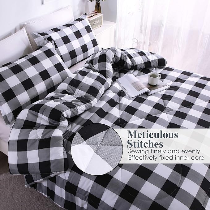 Andency Black Plaid Comforter Set Full Size (79x90 Inch), 3 Pieces (1 Gingham Comforter and 2 Pillowcases), Summer Lightweight Microfiber Buffalo Check Down Alternative Comforter Set