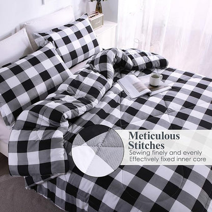 Andency Black Plaid Comforter Set Full Size (79x90 Inch), 3 Pieces (1 Gingham Comforter and 2 Pillowcases), Summer Lightweight Microfiber Buffalo Check Down Alternative Comforter Set