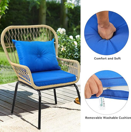 YITAHOME 3-Piece Outdoor Patio Furniture Wicker Bistro Set, All-Weather Rattan Conversation Chairs for Backyard, Balcony and Deck with Soft Cushions, Glass Side Table (Light Brown+Navy Blue)