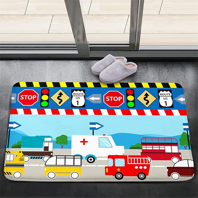 Cartoon Ambulance Car Area Rug Car Carpet for Kids Play Rug for Cars and Trucks Car Rug Play Mat Car Track Rug Truck Rugs for Boys Room Rugs for Boys Bedroom,Light Blue 2'×3'