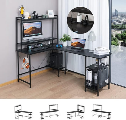 Evajoy L Shaped Computer Desk with Power Outlets and USB Ports, Reversible L-Shaped Corner Gaming Desk with Storage Shelves, 94.5’’ Industrial 2 Person Home Office Desk with Monitor Stand for Home