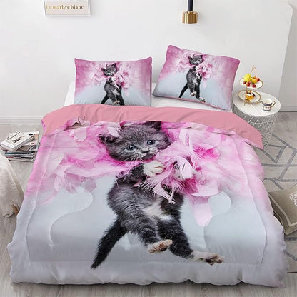 Cat Comforter Set Queen Size for Kids Pink Feathers Black Cat 3Pcs Bedding Set for boys and Girls (1Summer Comforter+ 2 Pillowcases) Lovely Animal Pets Duvet Set