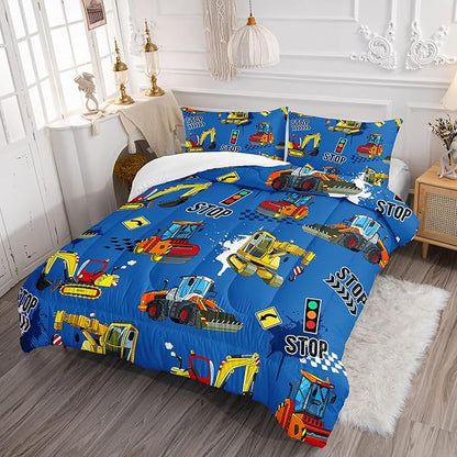 Axolotl Blue Excavator Bedding Queen,3Pcs Boys Construction Comforter Set,Cartoon Machinery Truck Bedding Set for Boys Kids Children Teens Bedroom Decor Cars Quilt Set with 1 Comforter 2 Pillowcase
