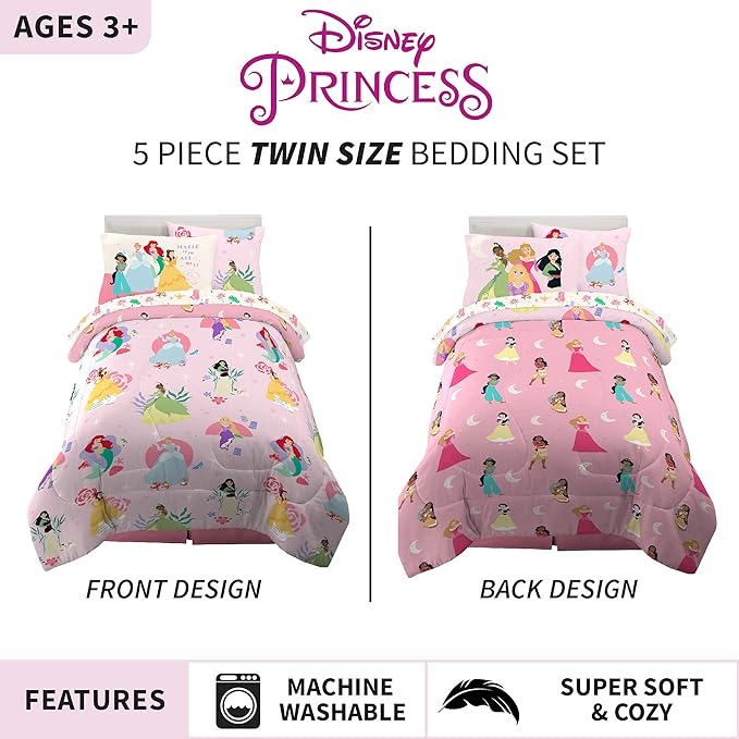 Franco Kids Bedding Super Soft Comforter and Sheet Set with Sham, 5 Piece Twin Size, Disney Princess