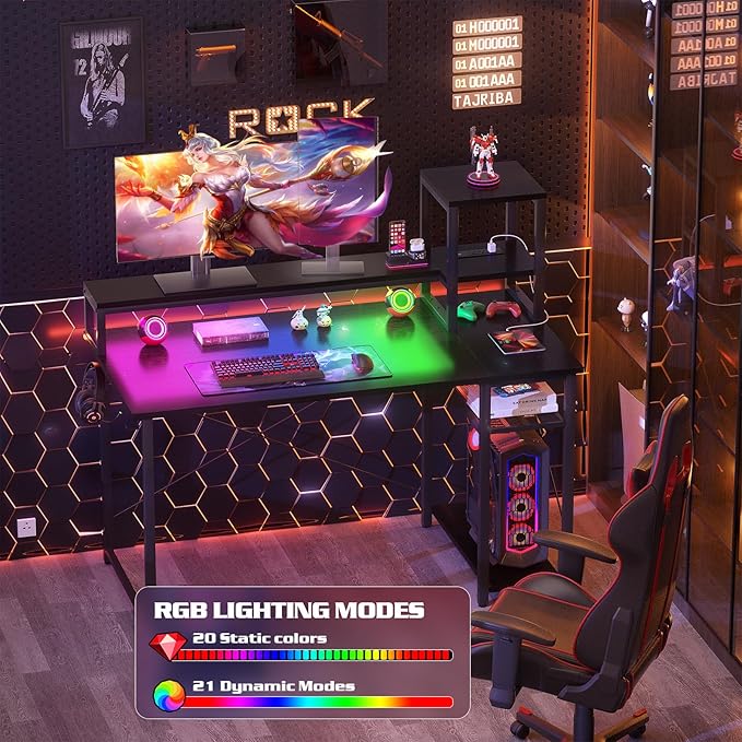 armocity 2024 Upgrade Gaming Desk with LED Lights, Small Computer Desk with Long Monitor Stand, 40'' Reversible Laptop Table with Storage Shelves, Small Desk for Small Spaces, Gaming Room, Black
