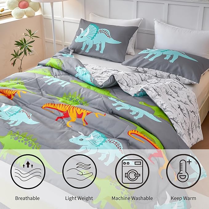 RYNGHIPY Dinosaur Kids Comforter Set Cartoon Dinosaur Bedding Sets for Boys 3 Pieces Queen Microfiber Comforter with Pillowcases Soft Lightweight (Dark Grey,Queen)