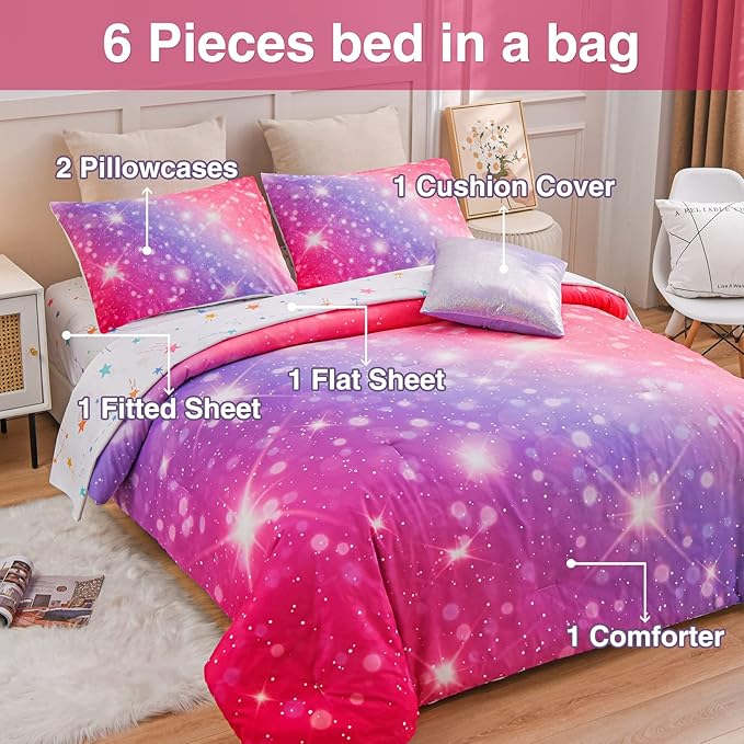 A Nice Night 6Pcs Gradient Glitter Bedding Set for Girls, Colorful Rainbow Galaxy Comforter Set, Ultra Soft Bedding Sets (Pink-Purple,Twin 6Pcs)