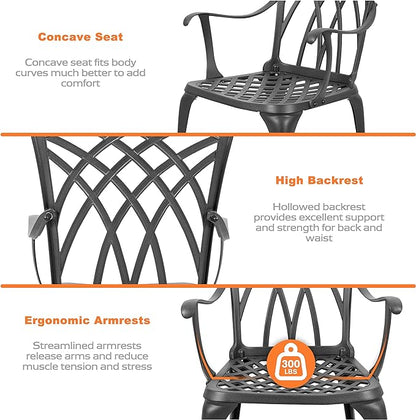 NUU GARDEN Patio Bistro Sets 3 Piece Cast Aluminum Bistro Table and Chairs Set with Umbrella Hole Bistro Set of 2 for Patio Backyard, Black