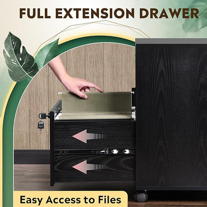 DEVAISE Office File Cabinet with Lock, 1-Drawer Wood Lateral Filing Cabinet on Wheels, Printer Stand with Open Storage Shelves for Home Office, Black