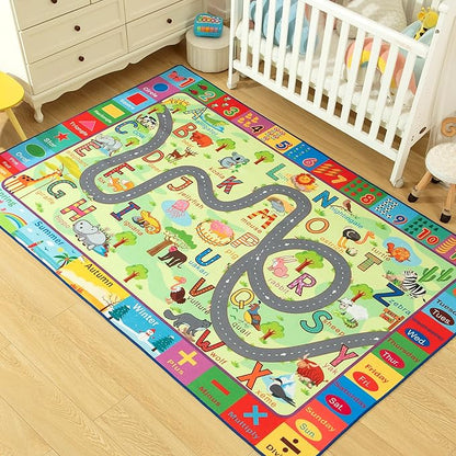 Terrug Kids Rugs for Playroom, Educational Classroom Rug for Kids Room, Washable Nursery Rug Carpet Non Slip Playroom Rug Play Mat for Learning ABC Rug, Numbers, Animal, Colors, Season, 4X6 Feet