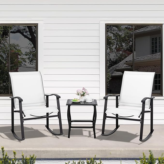 Shintenchi 3 Piece Rocking Bistro Set, Outdoor Furniture with Rocker Chairs and Glass coffee table set of 3, Balcony, Porch Furniture for Small Space, White