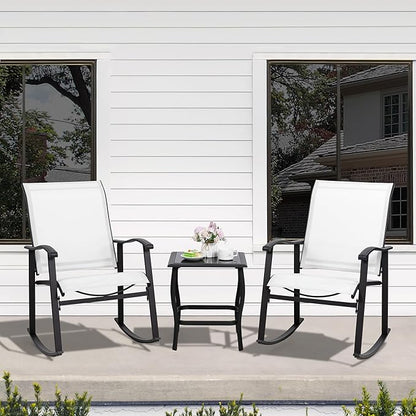 Shintenchi 3 Piece Rocking Bistro Set, Outdoor Furniture with Rocker Chairs and Glass coffee table set of 3, Balcony, Porch Furniture for Small Space, White