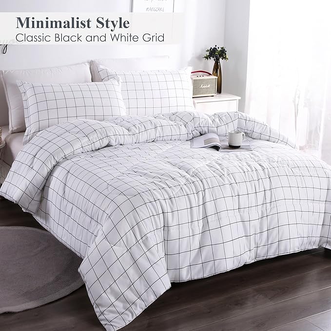 Andency White Grid Comforter Set Full Size (79x90 Inch), 3 Pieces(1 Grid Comforter and 2 Pillowcases), Summer Lightweight Microfiber Down Alternative White Comforter with Black Lines